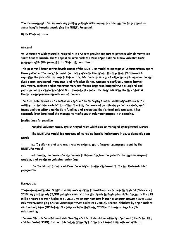 Managing volunteers who support patients with dementia or cognitive impairment on acute hospital wards: The NURTURe model Thumbnail