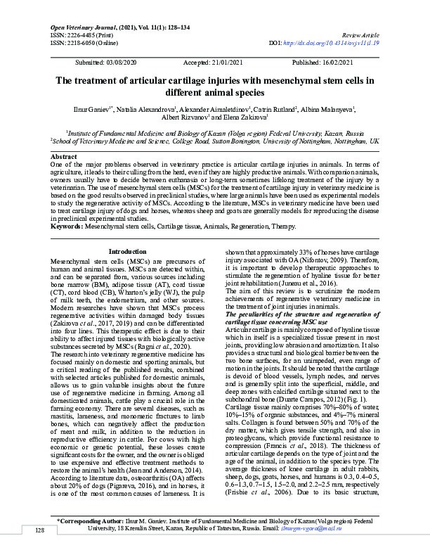 The treatment of articular cartilage injuries with mesenchymal stem cells in different animal species Thumbnail