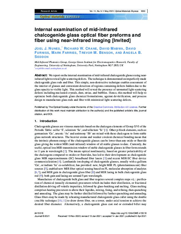 Internal examination of mid-infrared chalcogenide glass optical fiber preforms and fiber using near-infrared imaging Thumbnail