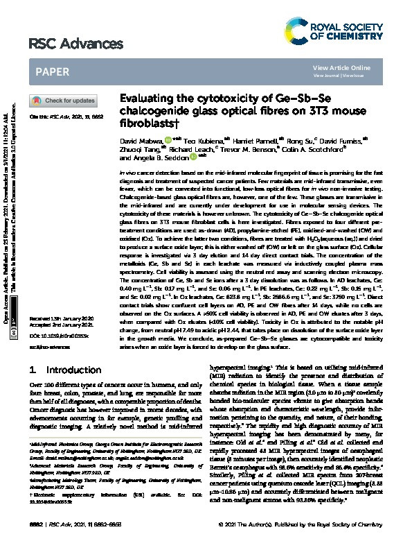 Evaluating the cytotoxicity of Ge–Sb–Se chalcogenide glass optical fibres on 3T3 mouse fibroblasts Thumbnail