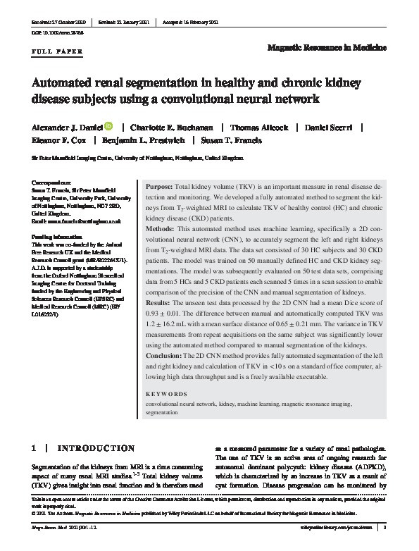 Automated renal segmentation in healthy and chronic kidney disease subjects using a convolutional neural network Thumbnail