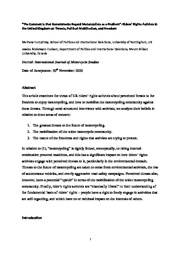 “The Constant is that Governments Regard Motorcyclists as a Problem”: Riders’ Rights Activists in the United Kingdom on Threats, Political Mobilization, and Freedom Thumbnail