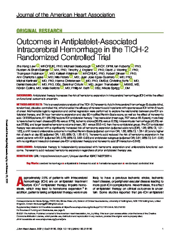 Outcomes in Antiplatelet‐Associated Intracerebral Hemorrhage in the TICH‐2 Randomized Controlled Trial Thumbnail