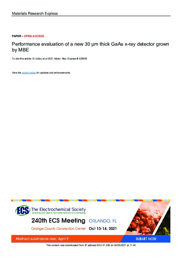 Performance evaluation of a new 30 ?m thick GaAs X-ray detector grown by MBE Thumbnail
