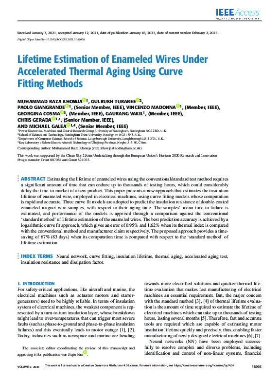 Lifetime Estimation of Enameled Wires Under Accelerated Thermal Aging Using Curve Fitting Methods Thumbnail