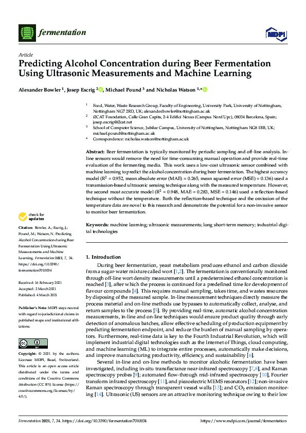 Predicting Alcohol Concentration during Beer Fermentation Using Ultrasonic Measurements and Machine Learning Thumbnail