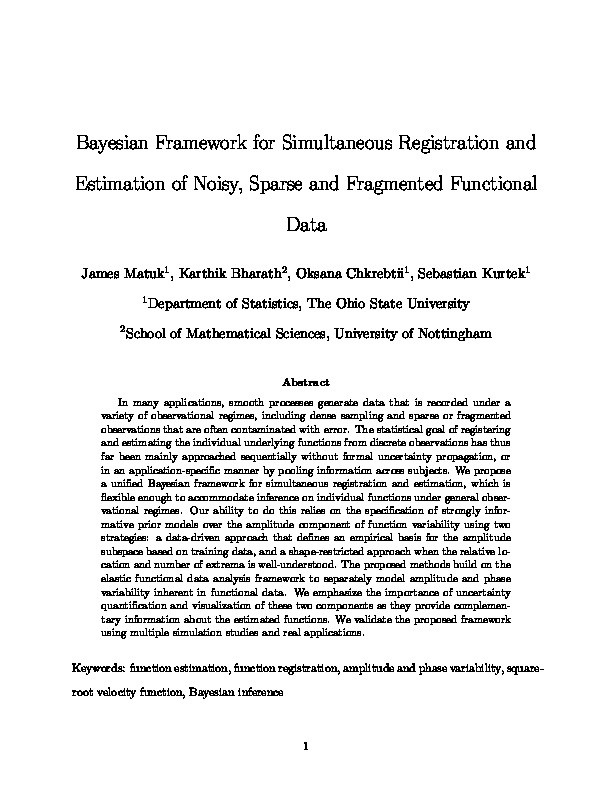 Bayesian Framework for Simultaneous Registration and Estimation of Noisy, Sparse, and Fragmented Functional Data Thumbnail