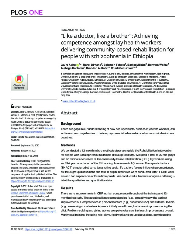 “Like a doctor, like a brother”: achieving competence amongst lay health workers delivering community-based rehabilitation for people with schizophrenia in Ethiopia Thumbnail