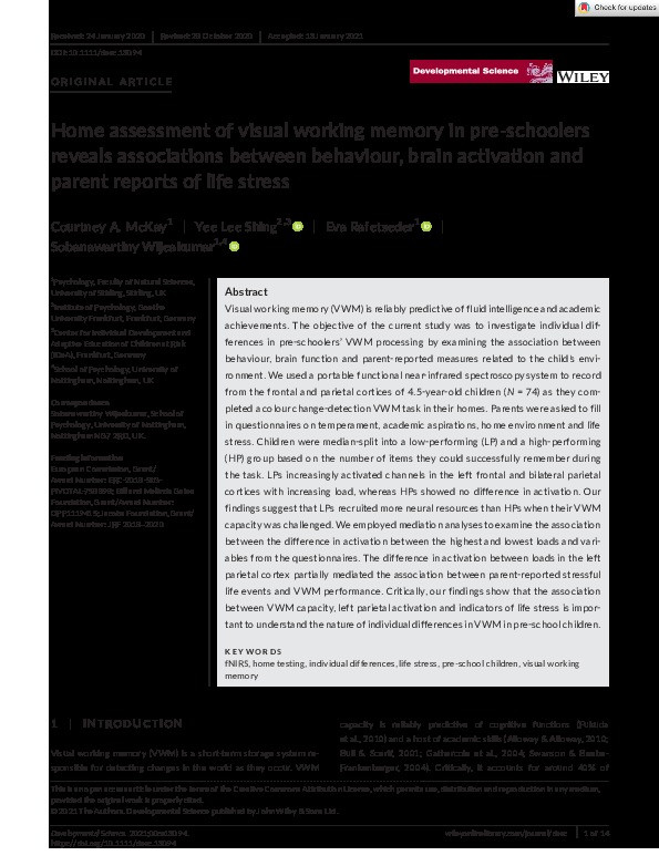 Home assessment of visual working memory in pre?schoolers reveals associations between behaviour, brain activation and parent reports of life stress Thumbnail
