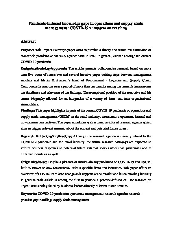 Pandemic-induced knowledge gaps in operations and supply chain management: COVID-19’s impacts on retailing Thumbnail