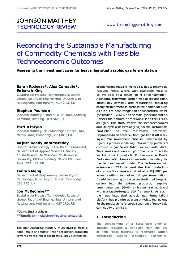 Reconciling the sustainable manufacturing of commodity chemicals with feasible technoeconomic outcomes: Assessing the investment case for heat integrated aerobic gas fermentation Thumbnail