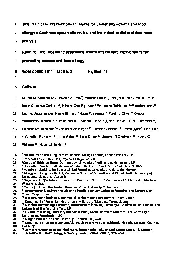 Skin care interventions in infants for preventing eczema and food allergy: a Cochrane systematic review and individual participant data meta‐analysis Thumbnail