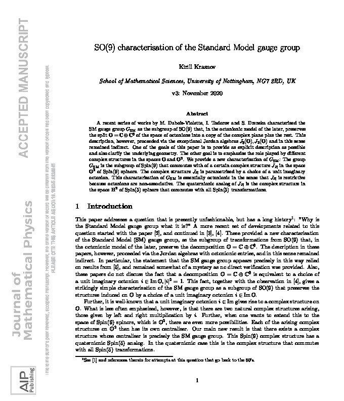 SO(9) characterization of the standard model gauge group Thumbnail