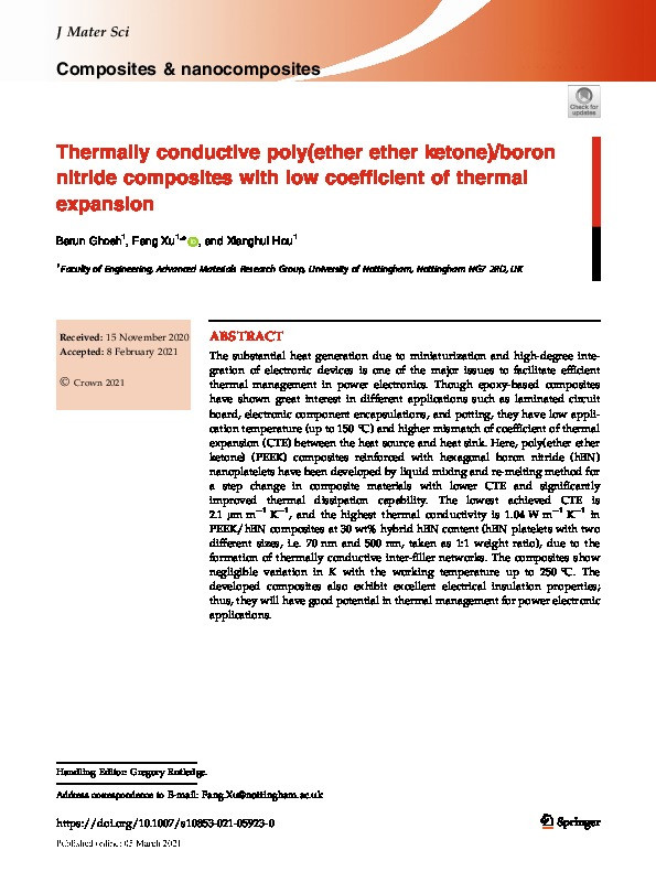 Thermally conductive poly(ether ether ketone)/boron nitride composites with low coefficient of thermal expansion Thumbnail