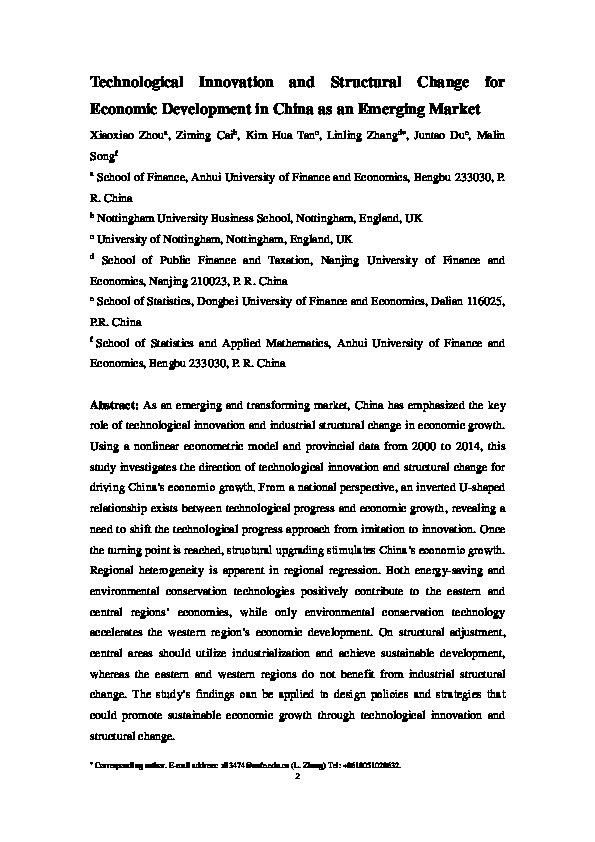 Technological innovation and structural change for economic development in China as an emerging market Thumbnail