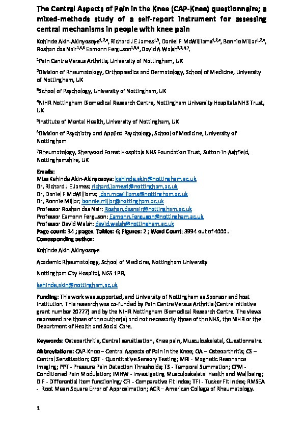 The Central Aspects of Pain in the Knee (CAP-Knee) questionnaire; a mixed-methods study of a self-report instrument for assessing central mechanisms in people with knee pain Thumbnail