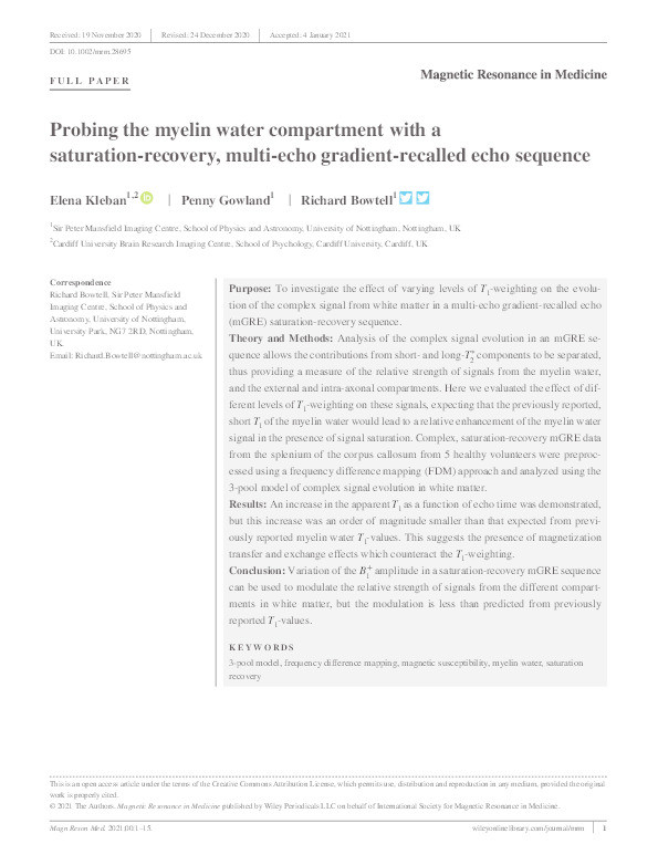 Probing the myelin water compartment with a saturation?recovery, multi?echo gradient?recalled echo sequence Thumbnail