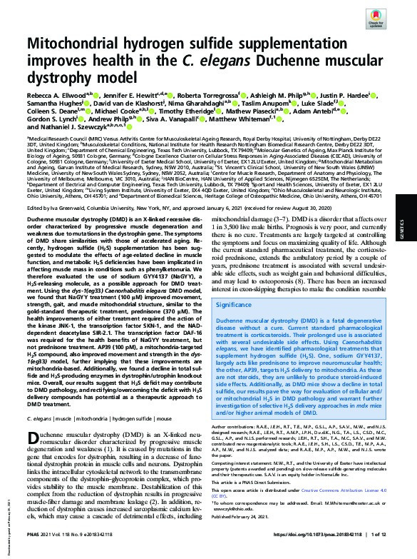 Mitochondrial hydrogen sulfide supplementation improves health in the C. elegans Duchenne muscular dystrophy model Thumbnail