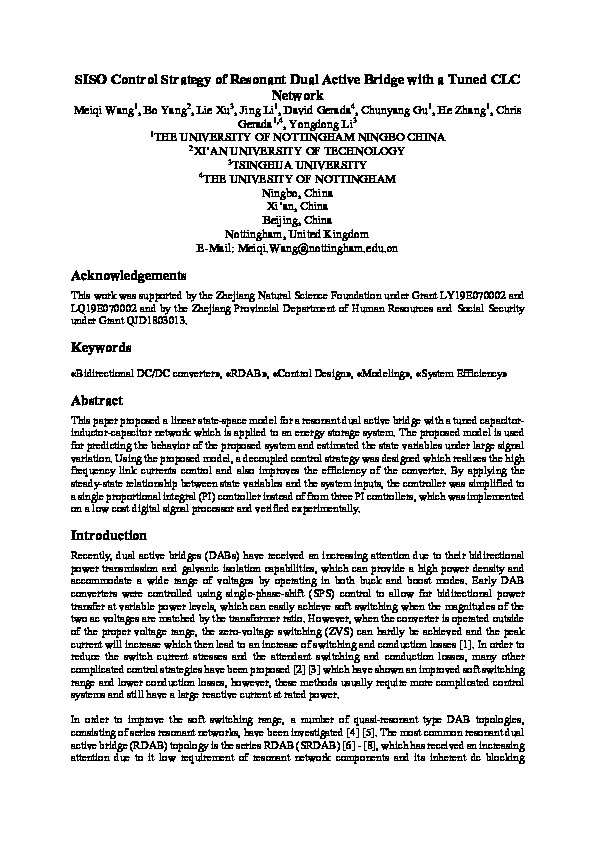 SISO Control Strategy of Resonant Dual Active Bridge with a Tuned CLC Network Thumbnail