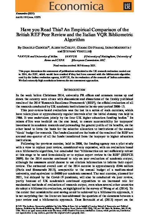 Have you Read This? An Empirical Comparison of the British REF Peer Review and the Italian VQR Bibliometric Algorithm Thumbnail