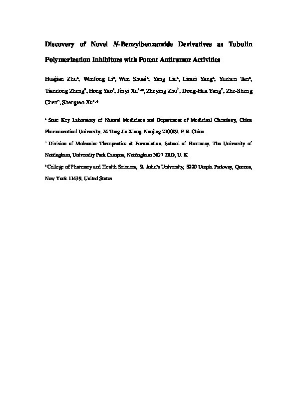 Discovery of novel N-benzylbenzamide derivatives as tubulin polymerization inhibitors with potent antitumor activities Thumbnail