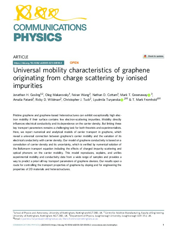 Universal mobility characteristics of graphene originating from charge scattering by ionised impurities Thumbnail