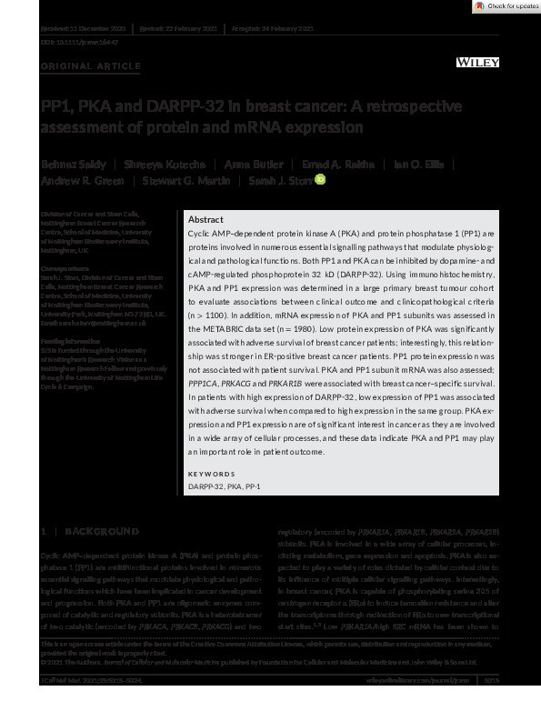 PP1, PKA and DARPP-32 in breast cancer: a retrospective assessment of protein and mRNA expression Thumbnail