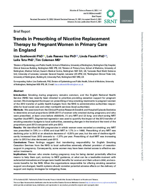 Trends in prescribing of nicotine replacement therapy to pregnant women in primary care in England Thumbnail