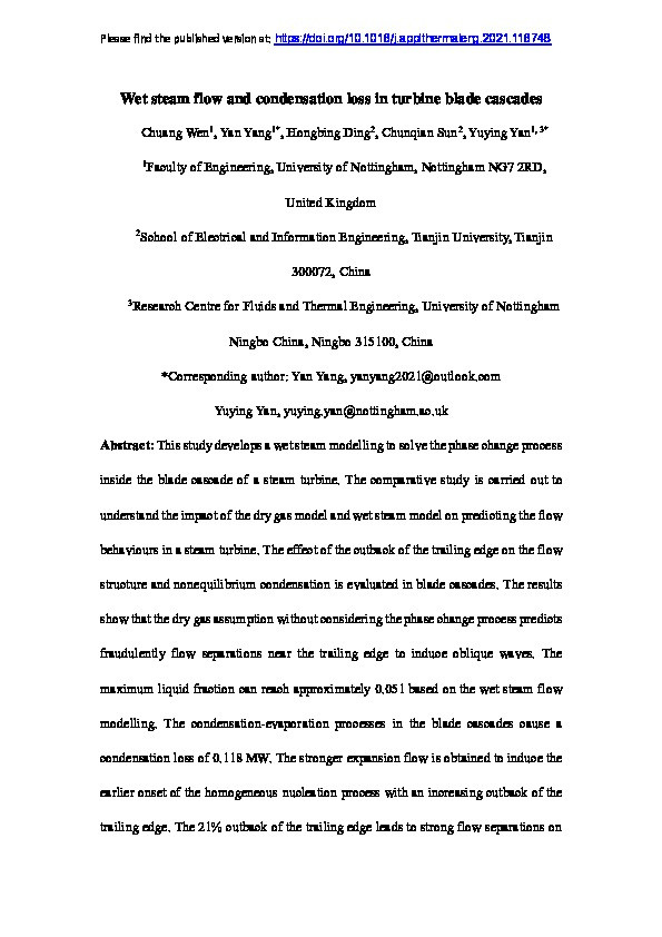Wet steam flow and condensation loss in turbine blade cascades Thumbnail