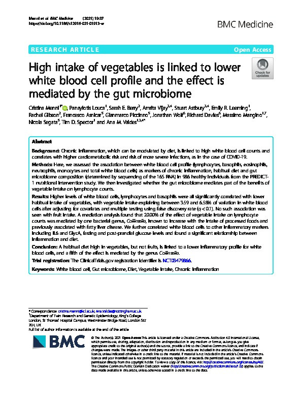 High intake of vegetables is linked to lower white blood cell profile and the effect is mediated by the gut microbiome Thumbnail