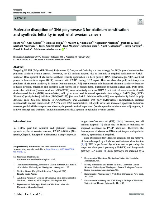 Molecular disruption of DNA polymerase β for platinum sensitisation and synthetic lethality in epithelial ovarian cancers Thumbnail