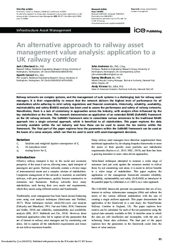 An alternative approach to railway asset management value analysis: application to a UK railway corridor Thumbnail