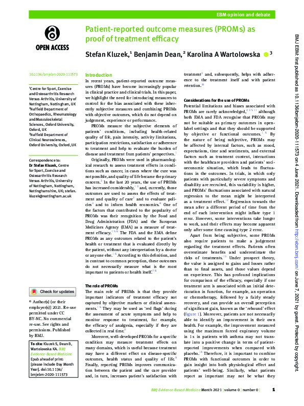 Patient-reported outcome measures (PROMs) as proof of treatment efficacy Thumbnail