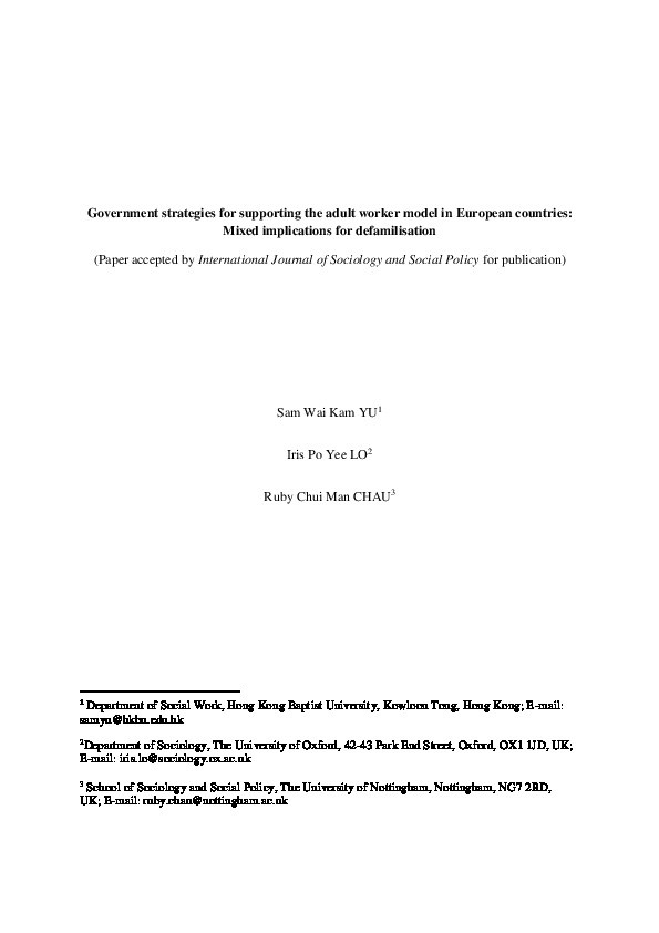 Government strategies for supporting the adult worker model in European countries: mixed implications for defamilisation Thumbnail