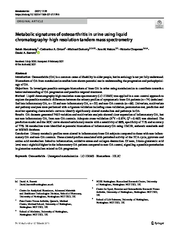Metabolic signatures of osteoarthritis in urine using liquid chromatography?high resolution tandem mass spectrometry Thumbnail