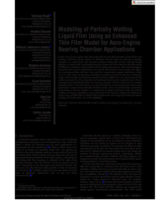 Modeling of Partially Wetting Liquid Film Using an Enhanced Thin Film Model for Aero-Engine Bearing Chamber Applications Thumbnail