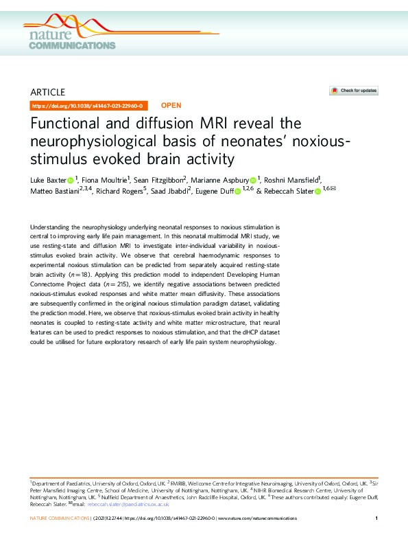 Functional and diffusion MRI reveal the neurophysiological basis of neonates’ noxious-stimulus evoked brain activity Thumbnail