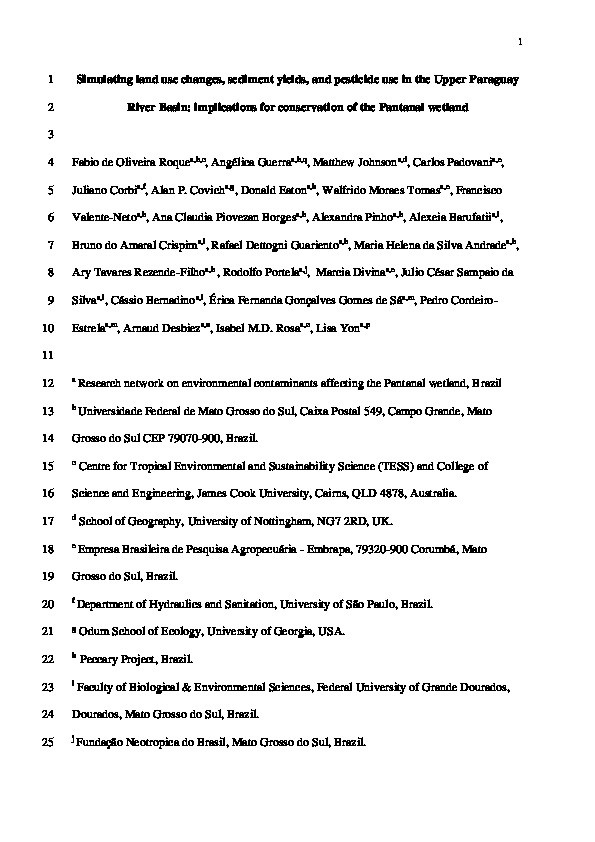 Simulating land use changes, sediment yields, and pesticide use in the Upper Paraguay River Basin: Implications for conservation of the Pantanal wetland Thumbnail