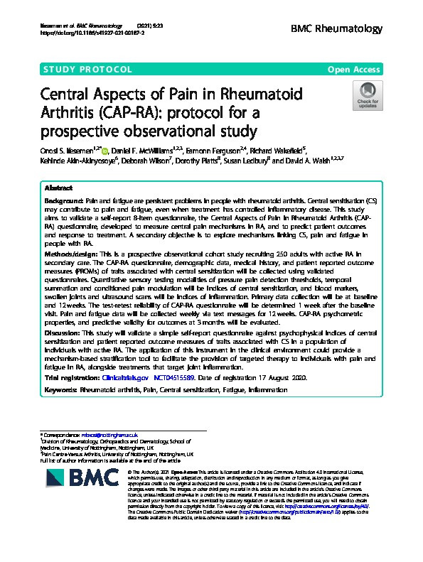 Central Aspects of Pain in Rheumatoid Arthritis (CAP-RA): protocol for a prospective observational study Thumbnail