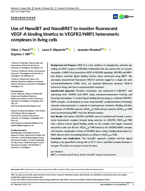 Use of NanoBiT and NanoBRET to monitor fluorescent VEGF-A binding kinetics to VEGFR2/NRP1 heteromeric complexes in living cells Thumbnail