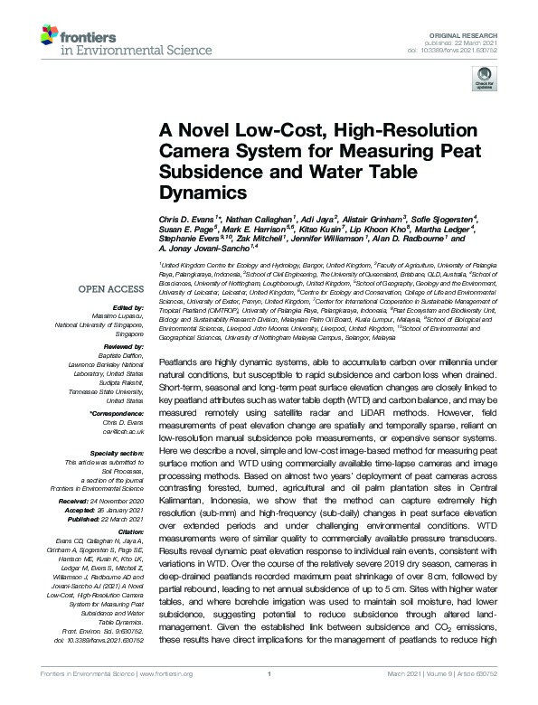 A Novel Low-Cost, High-Resolution Camera System for Measuring Peat Subsidence and Water Table Dynamics Thumbnail