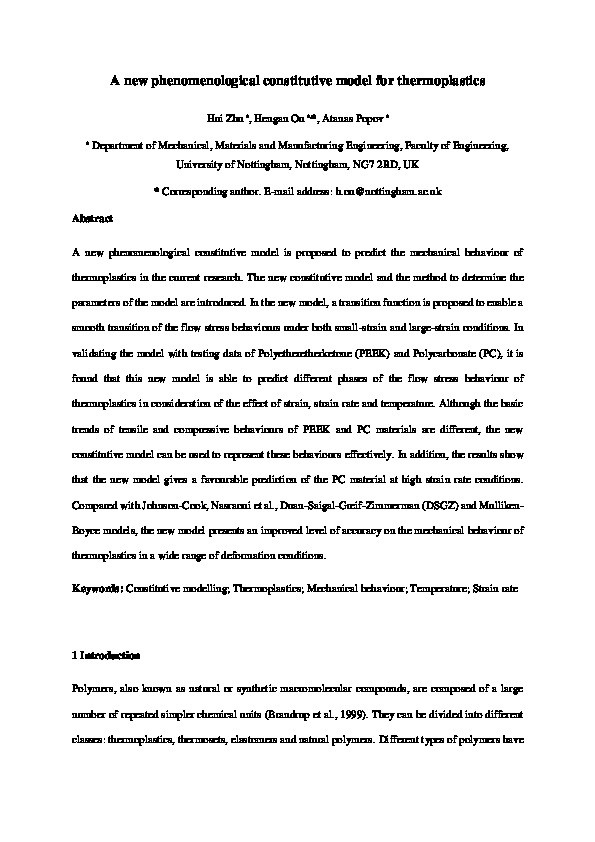 A new phenomenological constitutive model for thermoplastics Thumbnail