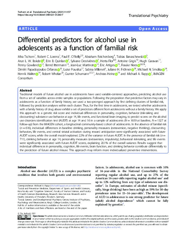 Differential predictors for alcohol use in adolescents as a function of familial risk Thumbnail