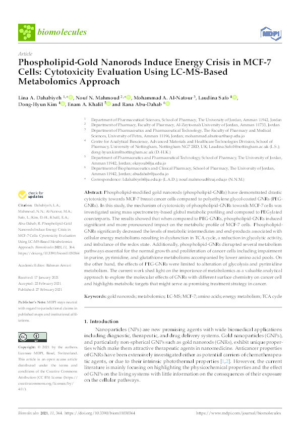 Phospholipid-Gold Nanorods Induce Energy Crisis in MCF-7 Cells: Cytotoxicity Evaluation Using LC-MS-Based Metabolomics Approach Thumbnail