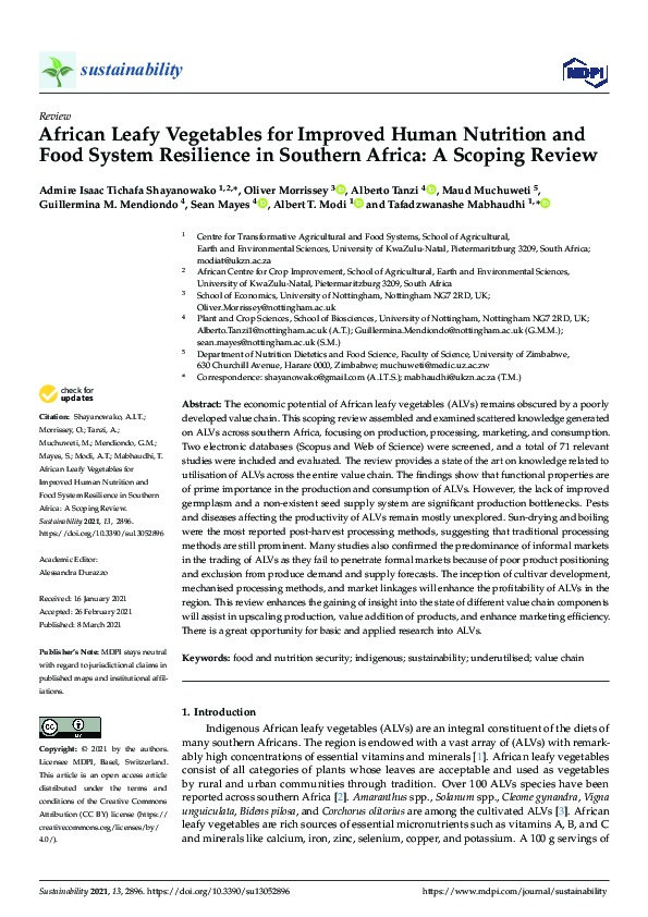 African Leafy Vegetables for Improved Human Nutrition and Food System Resilience in Southern Africa: A Scoping Review Thumbnail