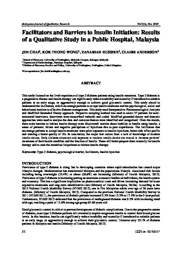 Facilitators and Barriers to Insulin Initiation: Results of a Qualitative Study in a Public Hospital, Malaysia Thumbnail