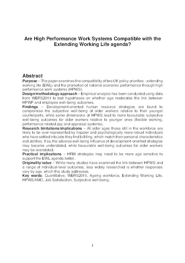 Are high performance work systems compatible with the extending working life agenda? Thumbnail