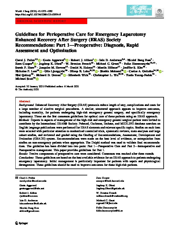 Guidelines for Perioperative Care for Emergency Laparotomy Enhanced Recovery After Surgery (ERAS) Society Recommendations: Part 1—Preoperative: Diagnosis, Rapid Assessment and Optimization Thumbnail