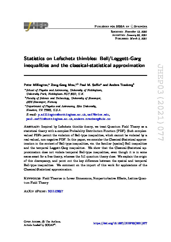 Statistics on Lefschetz thimbles: Bell/Leggett-Garg inequalities and the classical-statistical approximation Thumbnail