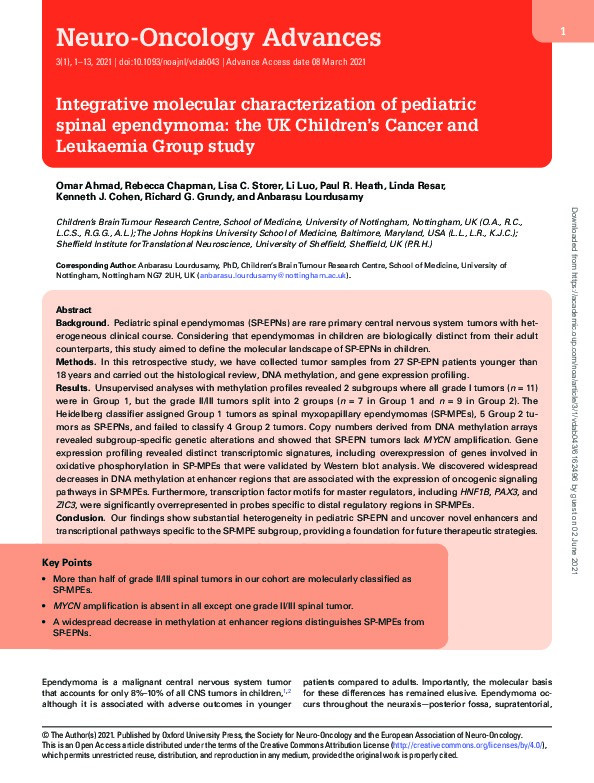 Integrative molecular characterization of pediatric spinal ependymoma: the UK Children’s Cancer and Leukaemia Group study Thumbnail